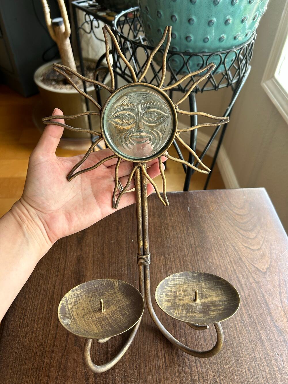 Vintage glass Sunburst Celestial Astrological Sun Face wall decor Candle Holder